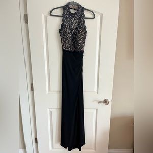 XScape Black Lace full length dress with open back